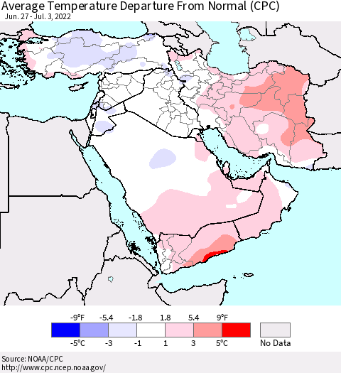 Middle East and Turkey Average Temperature Departure from Normal (CPC) Thematic Map For 6/27/2022 - 7/3/2022