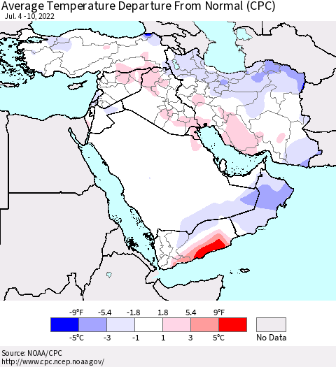 Middle East and Turkey Average Temperature Departure from Normal (CPC) Thematic Map For 7/4/2022 - 7/10/2022