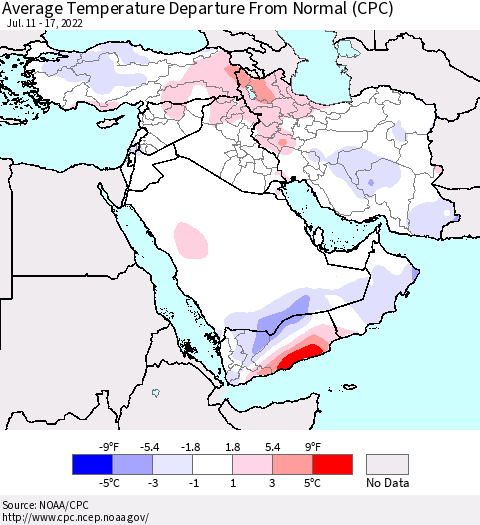 Middle East and Turkey Average Temperature Departure from Normal (CPC) Thematic Map For 7/11/2022 - 7/17/2022