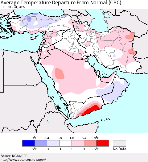 Middle East and Turkey Average Temperature Departure from Normal (CPC) Thematic Map For 7/18/2022 - 7/24/2022