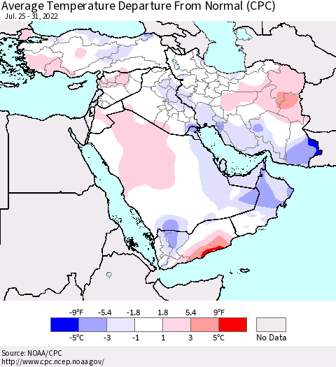 Middle East and Turkey Average Temperature Departure from Normal (CPC) Thematic Map For 7/25/2022 - 7/31/2022