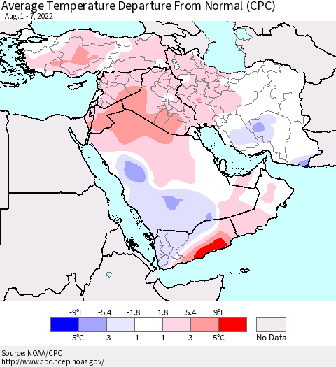 Middle East and Turkey Average Temperature Departure from Normal (CPC) Thematic Map For 8/1/2022 - 8/7/2022