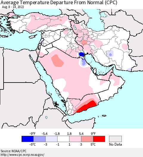 Middle East and Turkey Average Temperature Departure from Normal (CPC) Thematic Map For 8/8/2022 - 8/14/2022