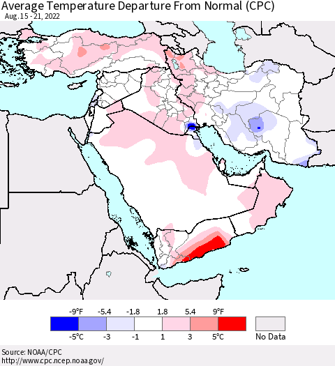 Middle East and Turkey Average Temperature Departure from Normal (CPC) Thematic Map For 8/15/2022 - 8/21/2022