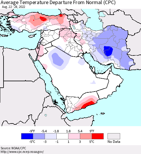 Middle East and Turkey Average Temperature Departure from Normal (CPC) Thematic Map For 8/22/2022 - 8/28/2022