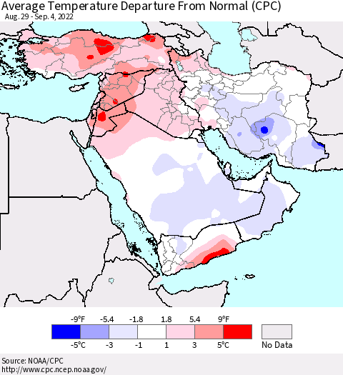 Middle East and Turkey Average Temperature Departure from Normal (CPC) Thematic Map For 8/29/2022 - 9/4/2022