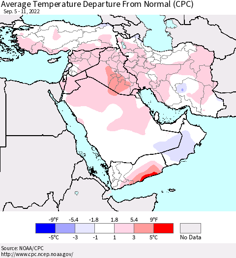 Middle East and Turkey Average Temperature Departure from Normal (CPC) Thematic Map For 9/5/2022 - 9/11/2022