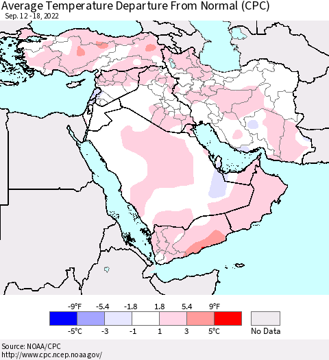 Middle East and Turkey Average Temperature Departure from Normal (CPC) Thematic Map For 9/12/2022 - 9/18/2022
