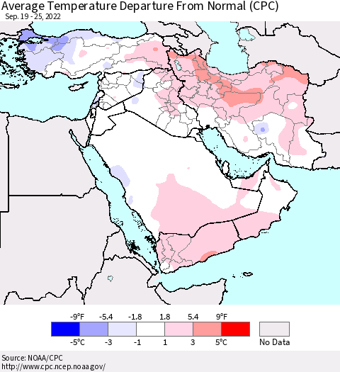 Middle East and Turkey Average Temperature Departure from Normal (CPC) Thematic Map For 9/19/2022 - 9/25/2022