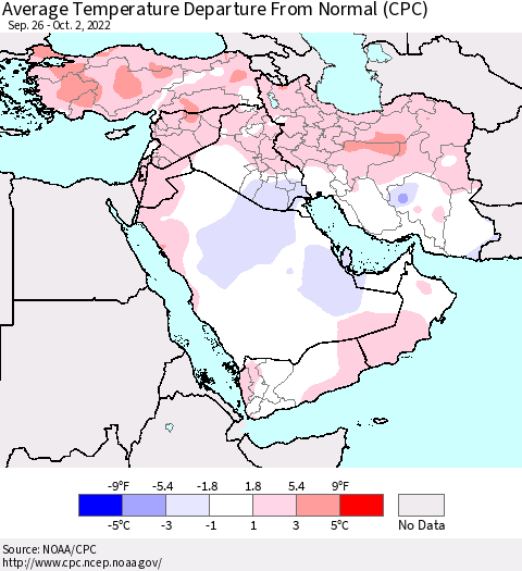 Middle East and Turkey Average Temperature Departure from Normal (CPC) Thematic Map For 9/26/2022 - 10/2/2022