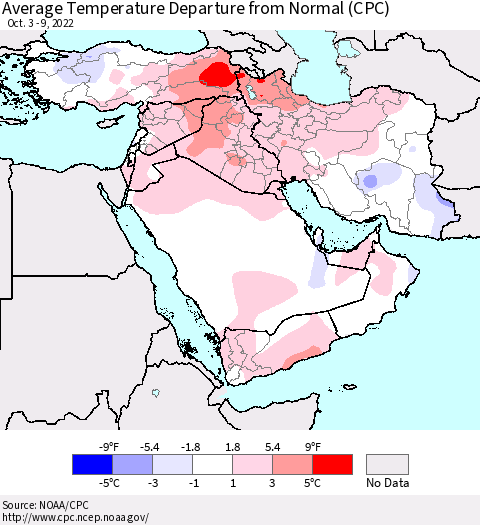 Middle East and Turkey Average Temperature Departure from Normal (CPC) Thematic Map For 10/3/2022 - 10/9/2022