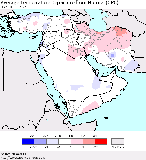 Middle East and Turkey Average Temperature Departure from Normal (CPC) Thematic Map For 10/10/2022 - 10/16/2022
