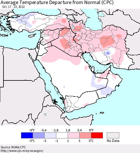 Middle East and Turkey Average Temperature Departure from Normal (CPC) Thematic Map For 10/17/2022 - 10/23/2022
