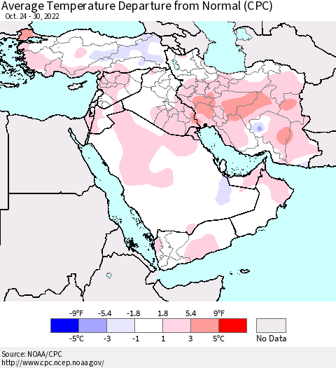 Middle East and Turkey Average Temperature Departure from Normal (CPC) Thematic Map For 10/24/2022 - 10/30/2022