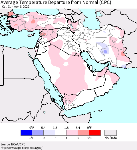 Middle East and Turkey Average Temperature Departure from Normal (CPC) Thematic Map For 10/31/2022 - 11/6/2022