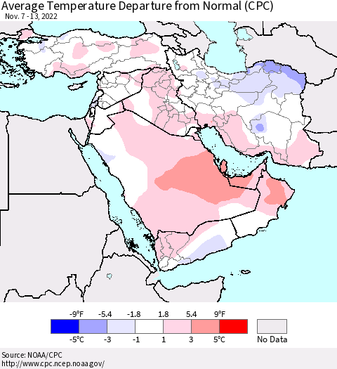 Middle East and Turkey Average Temperature Departure from Normal (CPC) Thematic Map For 11/7/2022 - 11/13/2022