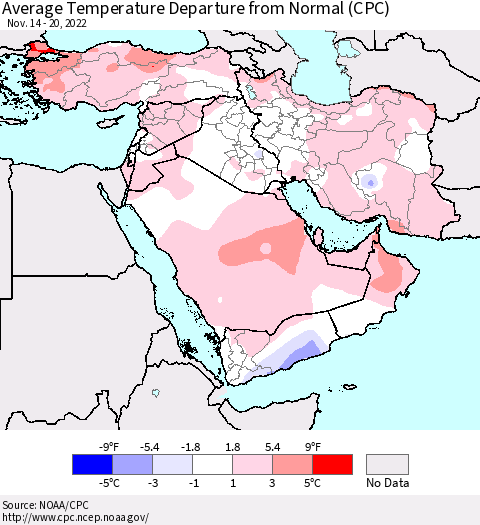 Middle East and Turkey Average Temperature Departure from Normal (CPC) Thematic Map For 11/14/2022 - 11/20/2022