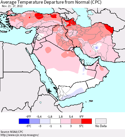 Middle East and Turkey Average Temperature Departure from Normal (CPC) Thematic Map For 11/21/2022 - 11/27/2022