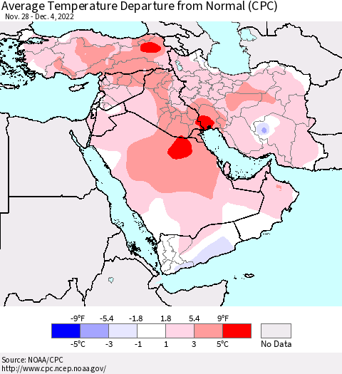 Middle East and Turkey Average Temperature Departure from Normal (CPC) Thematic Map For 11/28/2022 - 12/4/2022