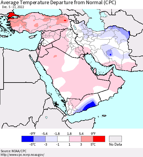 Middle East and Turkey Average Temperature Departure from Normal (CPC) Thematic Map For 12/5/2022 - 12/11/2022