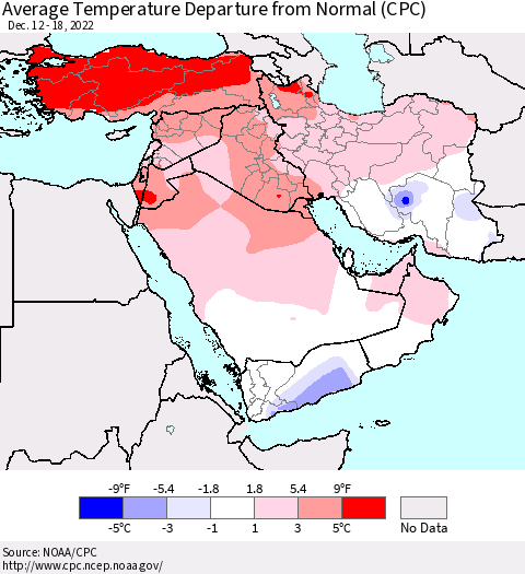 Middle East and Turkey Average Temperature Departure from Normal (CPC) Thematic Map For 12/12/2022 - 12/18/2022