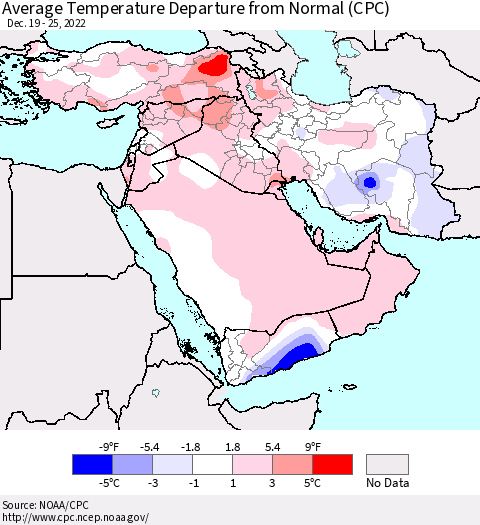 Middle East and Turkey Average Temperature Departure from Normal (CPC) Thematic Map For 12/19/2022 - 12/25/2022