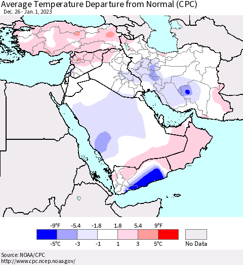 Middle East and Turkey Average Temperature Departure from Normal (CPC) Thematic Map For 12/26/2022 - 1/1/2023