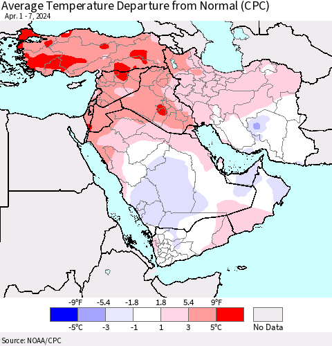 Middle East and Turkey Average Temperature Departure from Normal (CPC) Thematic Map For 4/1/2024 - 4/7/2024
