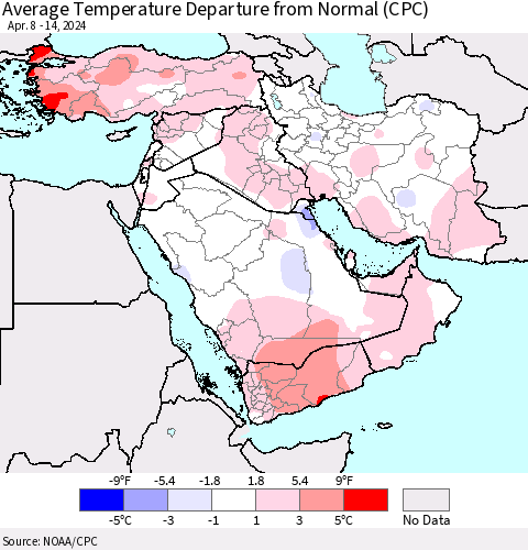 Middle East and Turkey Average Temperature Departure from Normal (CPC) Thematic Map For 4/8/2024 - 4/14/2024