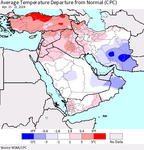 Middle East and Turkey Average Temperature Departure from Normal (CPC) Thematic Map For 4/15/2024 - 4/21/2024