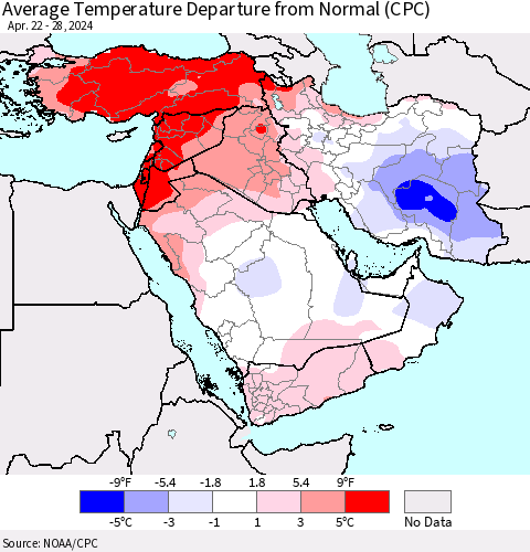 Middle East and Turkey Average Temperature Departure from Normal (CPC) Thematic Map For 4/22/2024 - 4/28/2024