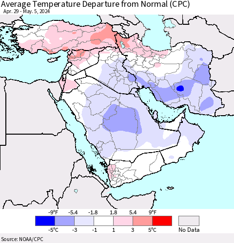 Middle East and Turkey Average Temperature Departure from Normal (CPC) Thematic Map For 4/29/2024 - 5/5/2024