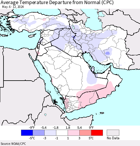 Middle East and Turkey Average Temperature Departure from Normal (CPC) Thematic Map For 5/6/2024 - 5/12/2024