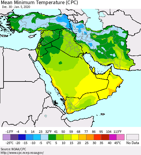 Middle East and Turkey Mean Minimum Temperature (CPC) Thematic Map For 12/30/2019 - 1/5/2020