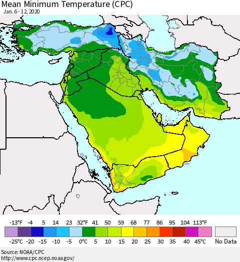 Middle East and Turkey Mean Minimum Temperature (CPC) Thematic Map For 1/6/2020 - 1/12/2020