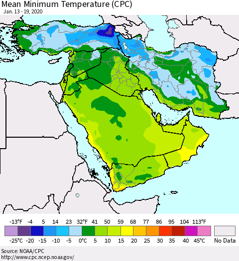 Middle East and Turkey Mean Minimum Temperature (CPC) Thematic Map For 1/13/2020 - 1/19/2020