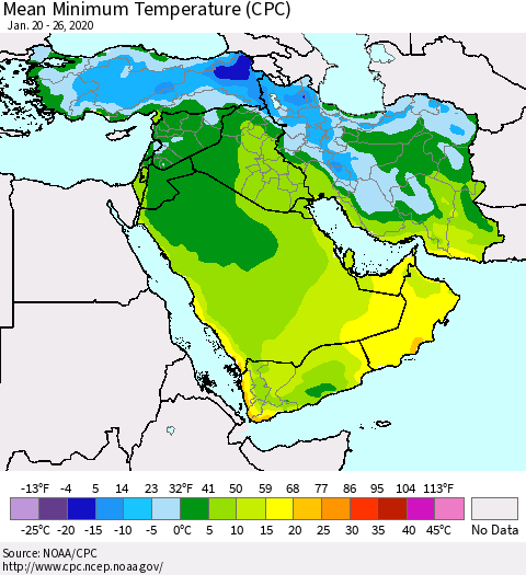 Middle East and Turkey Mean Minimum Temperature (CPC) Thematic Map For 1/20/2020 - 1/26/2020