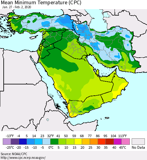Middle East and Turkey Mean Minimum Temperature (CPC) Thematic Map For 1/27/2020 - 2/2/2020