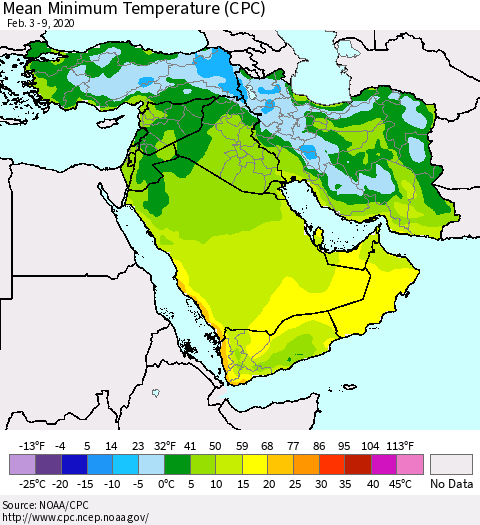 Middle East and Turkey Mean Minimum Temperature (CPC) Thematic Map For 2/3/2020 - 2/9/2020