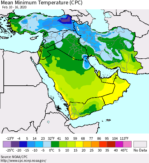 Middle East and Turkey Mean Minimum Temperature (CPC) Thematic Map For 2/10/2020 - 2/16/2020
