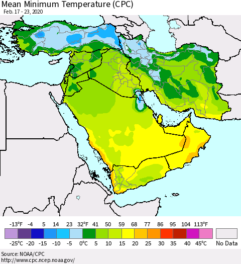 Middle East and Turkey Mean Minimum Temperature (CPC) Thematic Map For 2/17/2020 - 2/23/2020