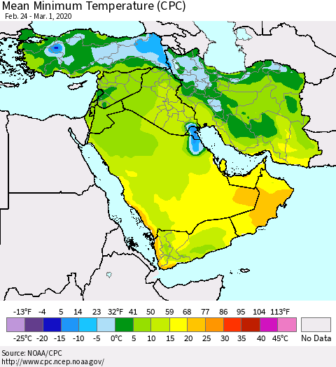 Middle East and Turkey Mean Minimum Temperature (CPC) Thematic Map For 2/24/2020 - 3/1/2020