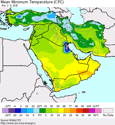Middle East and Turkey Mean Minimum Temperature (CPC) Thematic Map For 3/2/2020 - 3/8/2020