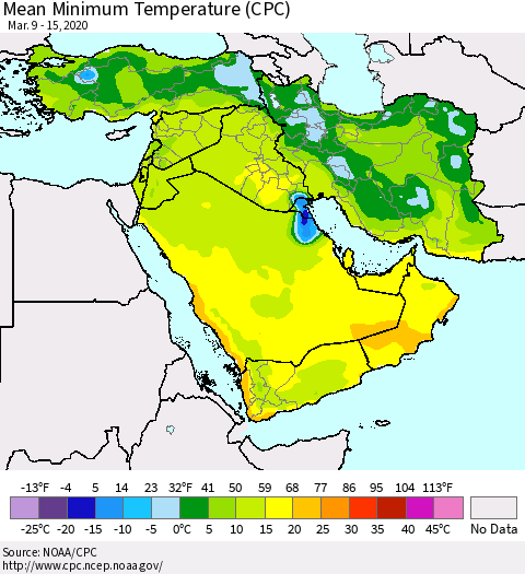 Middle East and Turkey Mean Minimum Temperature (CPC) Thematic Map For 3/9/2020 - 3/15/2020