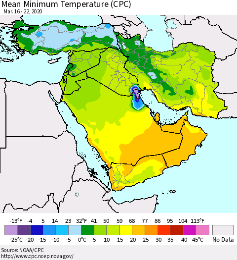 Middle East and Turkey Mean Minimum Temperature (CPC) Thematic Map For 3/16/2020 - 3/22/2020