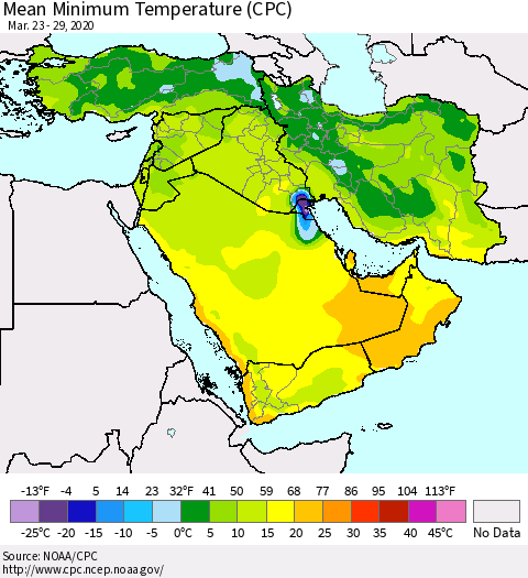Middle East and Turkey Mean Minimum Temperature (CPC) Thematic Map For 3/23/2020 - 3/29/2020