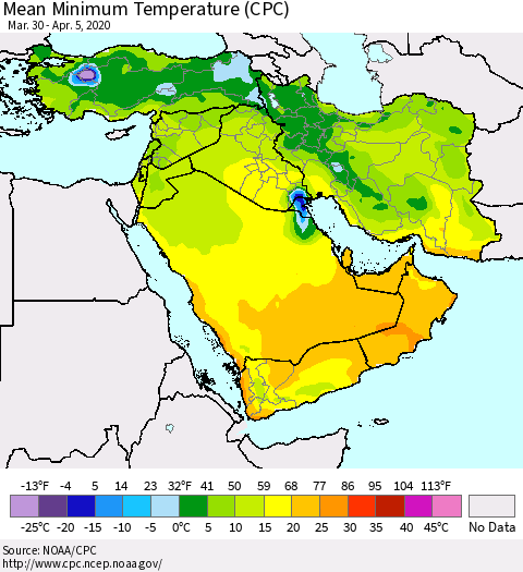 Middle East and Turkey Mean Minimum Temperature (CPC) Thematic Map For 3/30/2020 - 4/5/2020