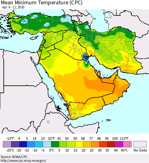 Middle East and Turkey Mean Minimum Temperature (CPC) Thematic Map For 4/6/2020 - 4/12/2020