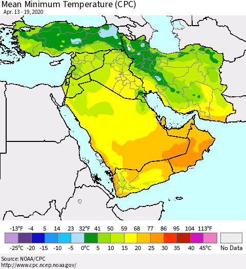 Middle East and Turkey Mean Minimum Temperature (CPC) Thematic Map For 4/13/2020 - 4/19/2020