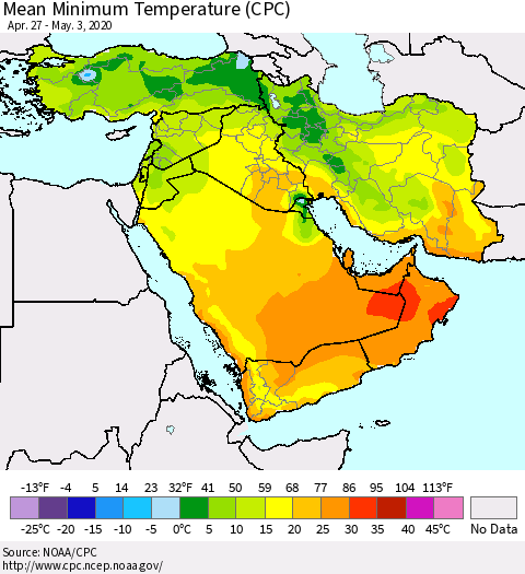 Middle East and Turkey Mean Minimum Temperature (CPC) Thematic Map For 4/27/2020 - 5/3/2020